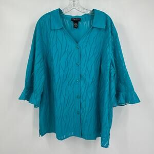 Maggie Barnes Size 1X Womens Sheer Button Front Blouse Bell Sleeve Boho Tunic